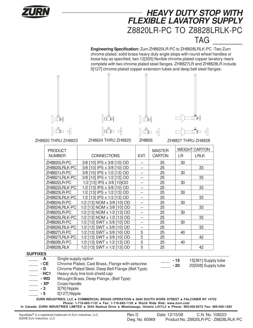 Zurn ZH8820LR-ZH8828LR cut sheet — first page
