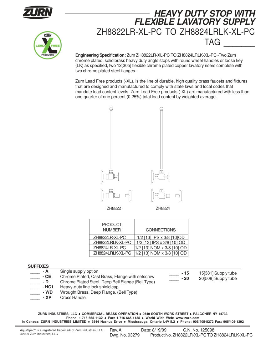 Zurn ZH8822-XL-LR-PC-TO-ZH8824-XL-LRLK-PC cut sheet — first page