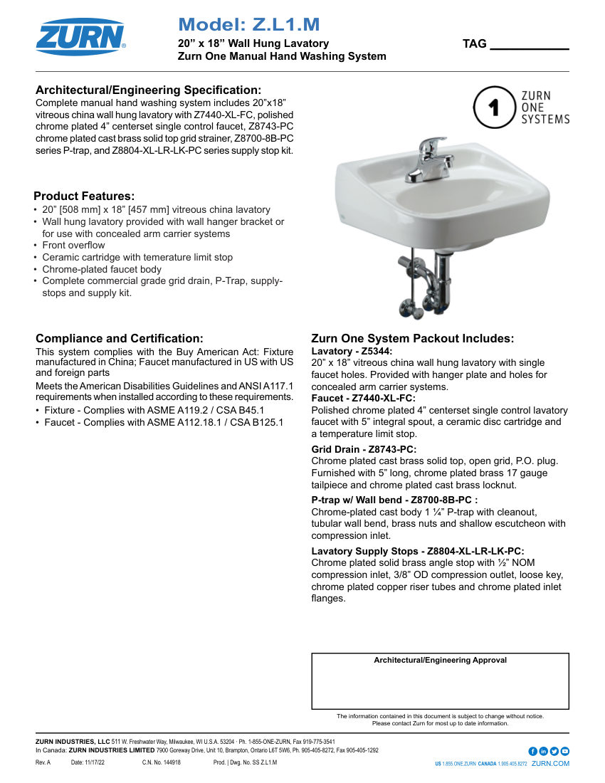Zurn ZL1M cut sheet — first page