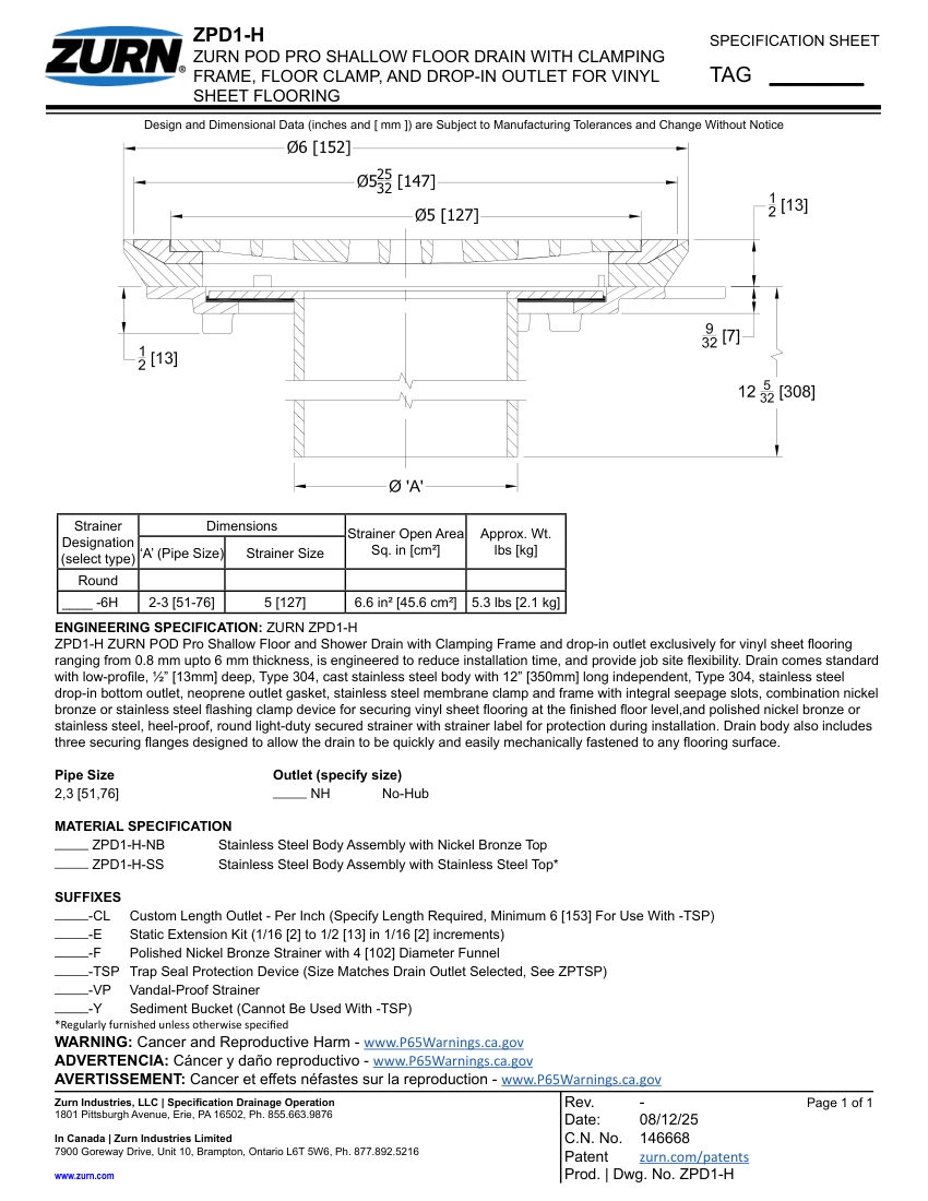 Zurn ZPD1-H cut sheet — first page