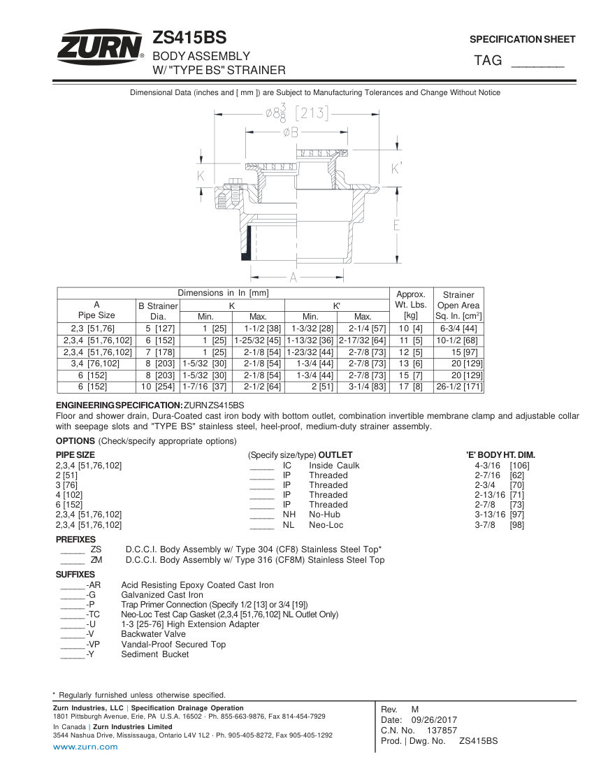 Zurn ZS415BS cut sheet — first page