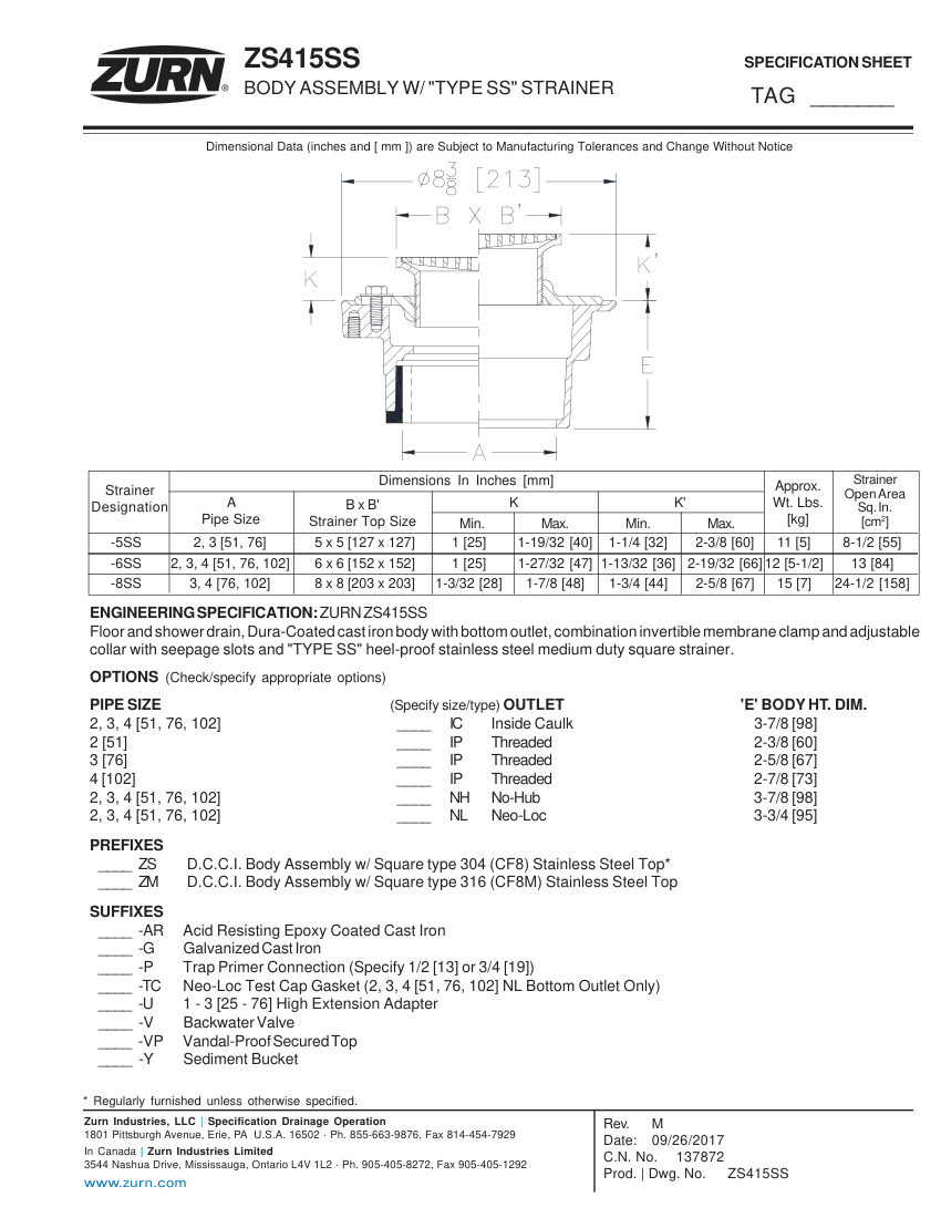 Zurn ZS415SS cut sheet — first page