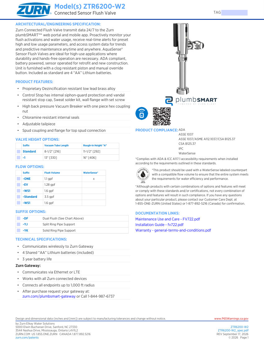 Zurn ZTR6200-W2 cut sheet — first page