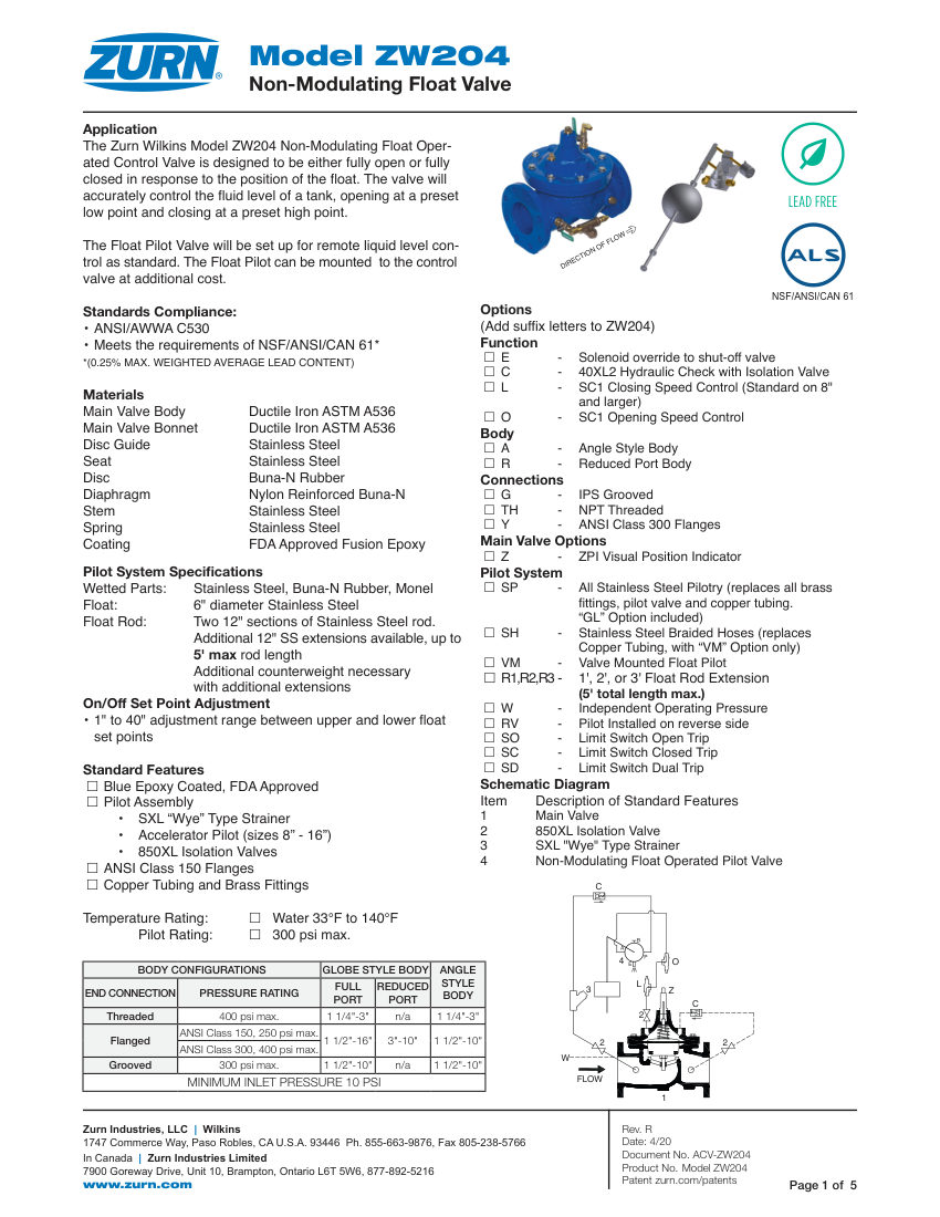 Zurn ZW204 cut sheet — first page
