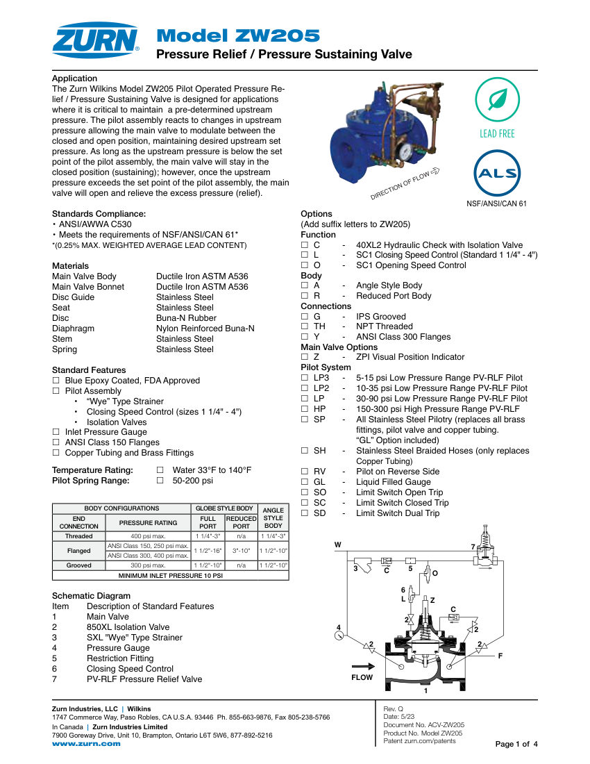 Zurn ZW205 cut sheet — first page