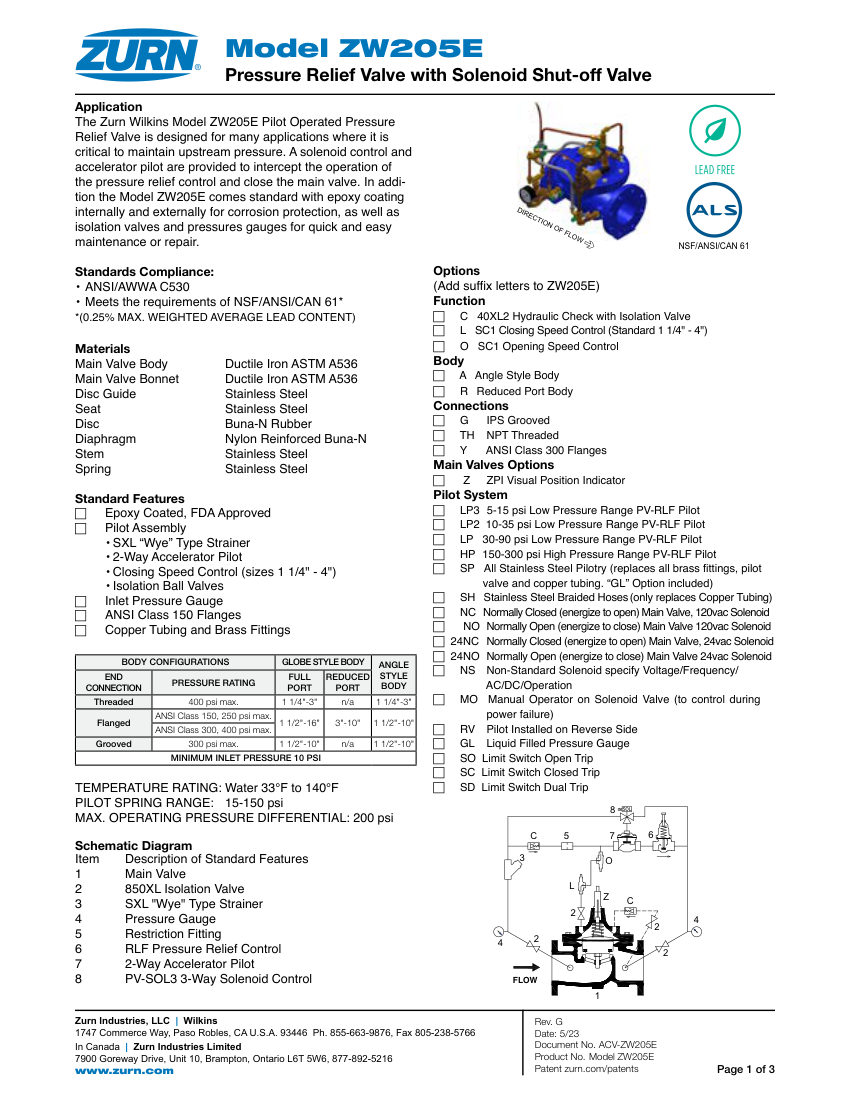 Zurn ZW205E cut sheet — first page