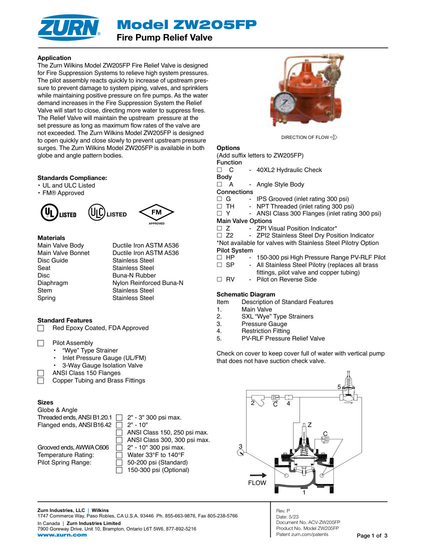 Zurn ZW205FP cut sheet — first page