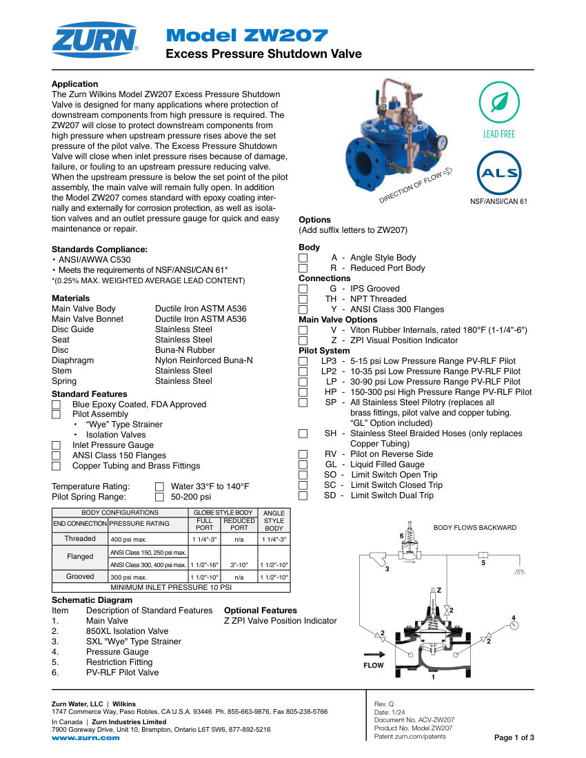 Zurn ZW207 cut sheet — first page