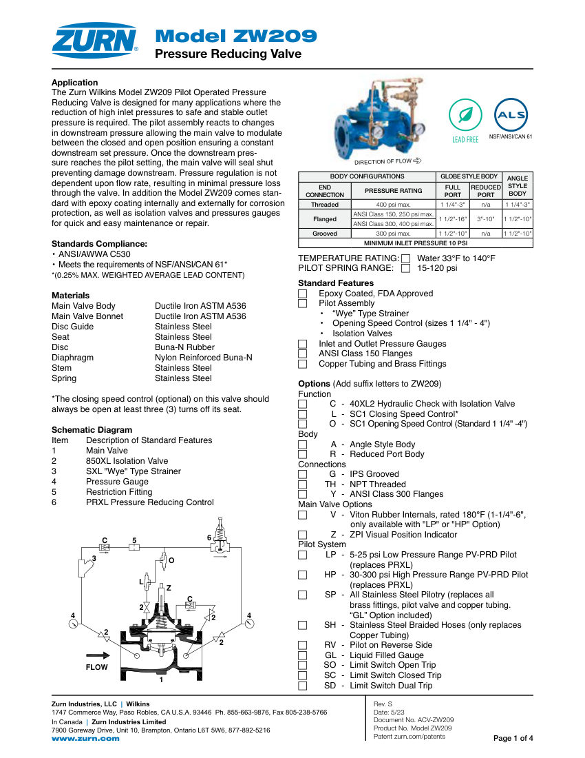 Zurn ZW209 cut sheet — first page