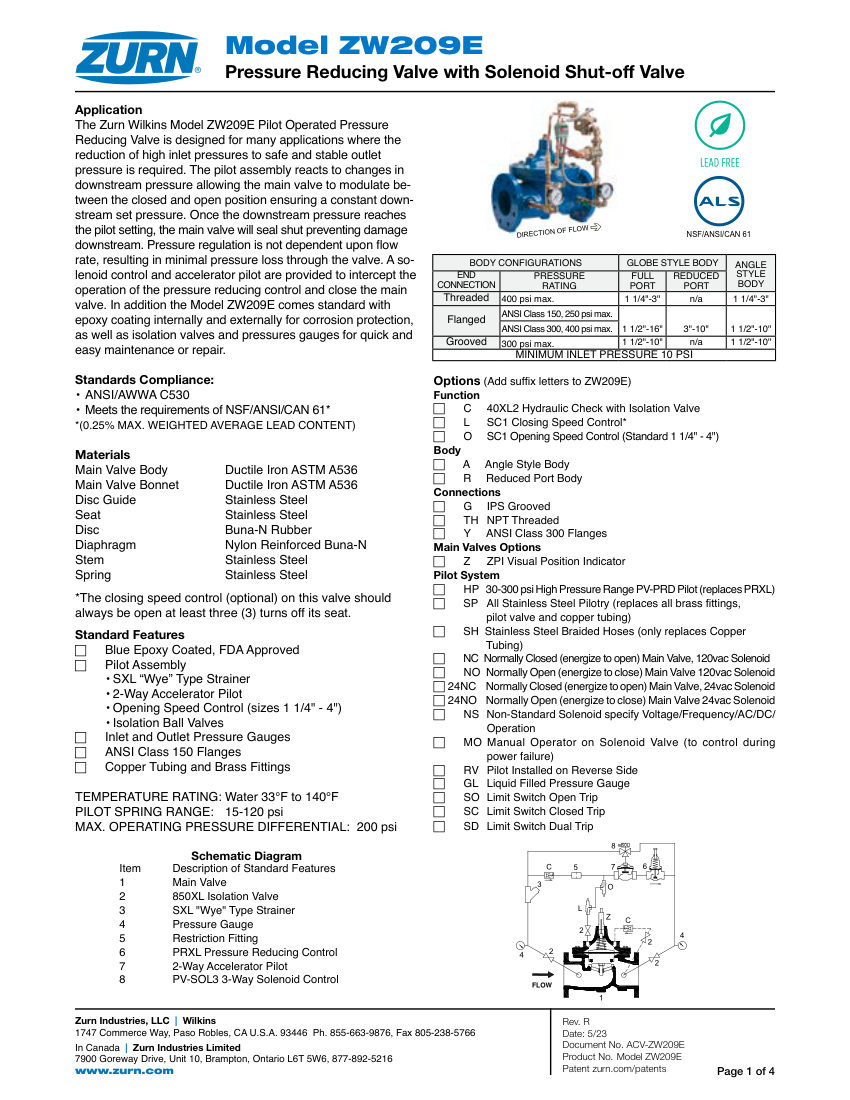 Zurn ZW209E cut sheet — first page