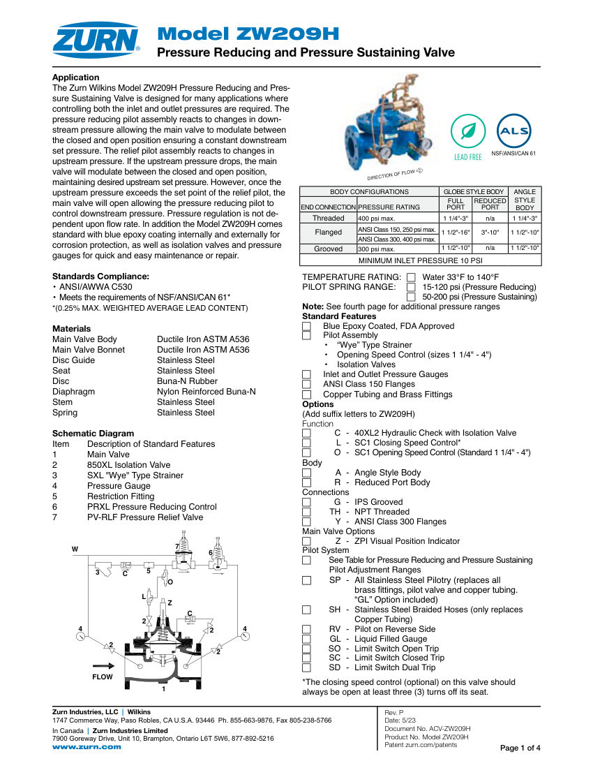Zurn ZW209H cut sheet — first page