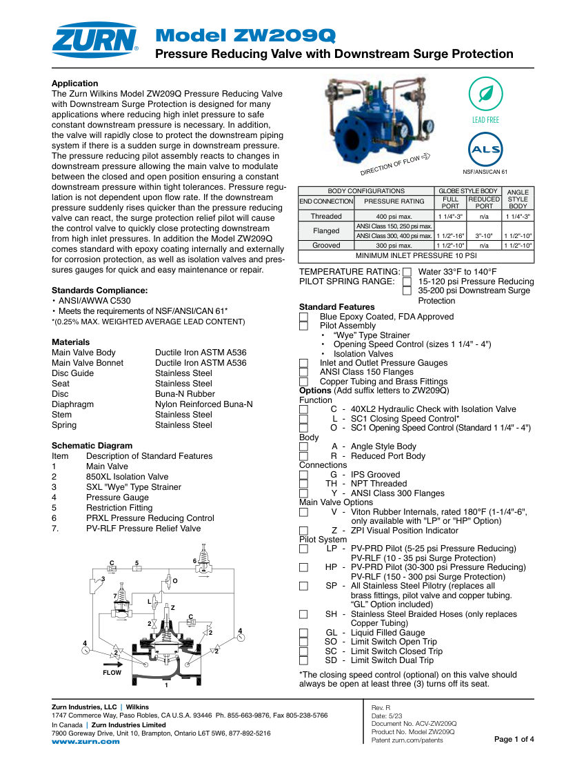 Zurn ZW209Q cut sheet — first page