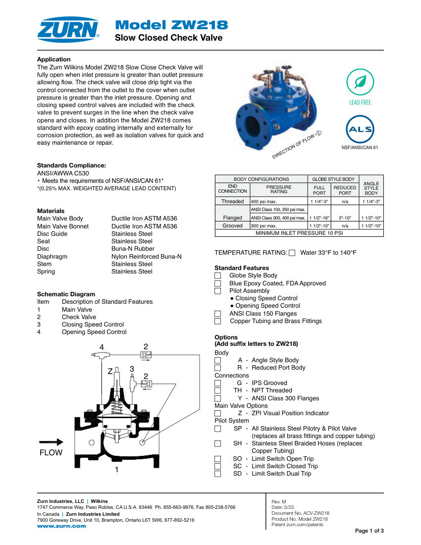 Zurn ZW218 cut sheet — first page