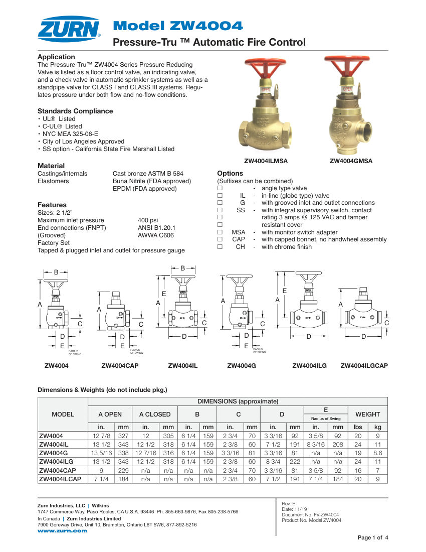 Zurn ZW4004 cut sheet — first page
